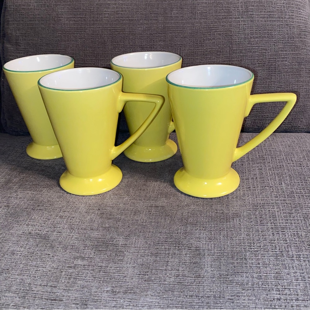 Set of 4 Vintage Churchill Tea Cups Made in England Yellow with Green Rim